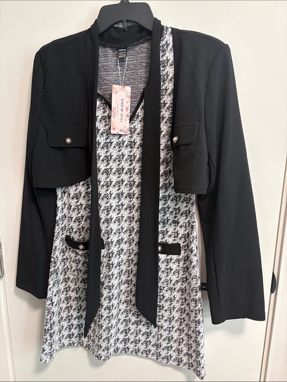 SHEIN Black & White Layered Houndstooth Knit Blazer Top